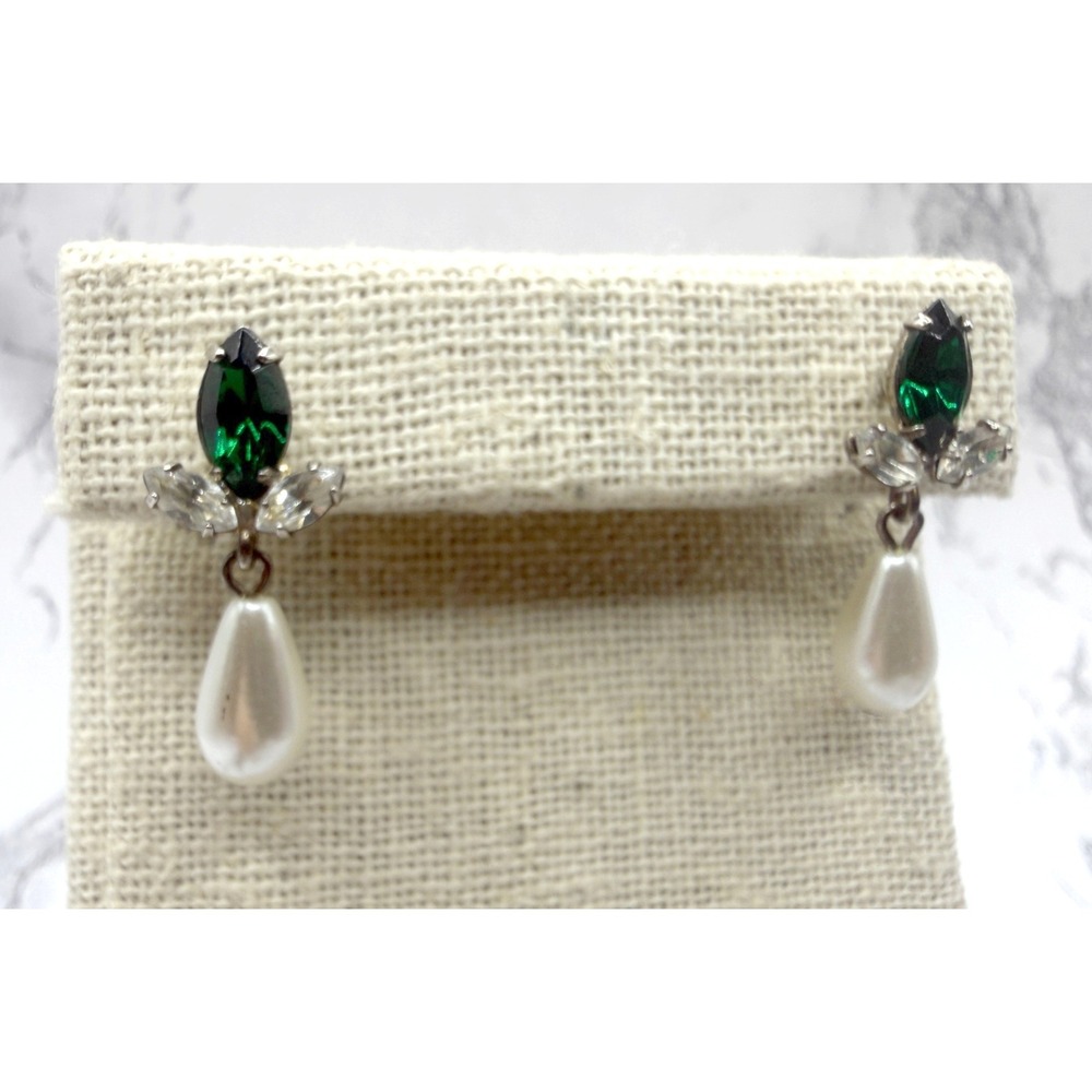 Green Glass Rhinestone Faux Pearl Drop Earrings‎ Bridal Holiday 1.125"